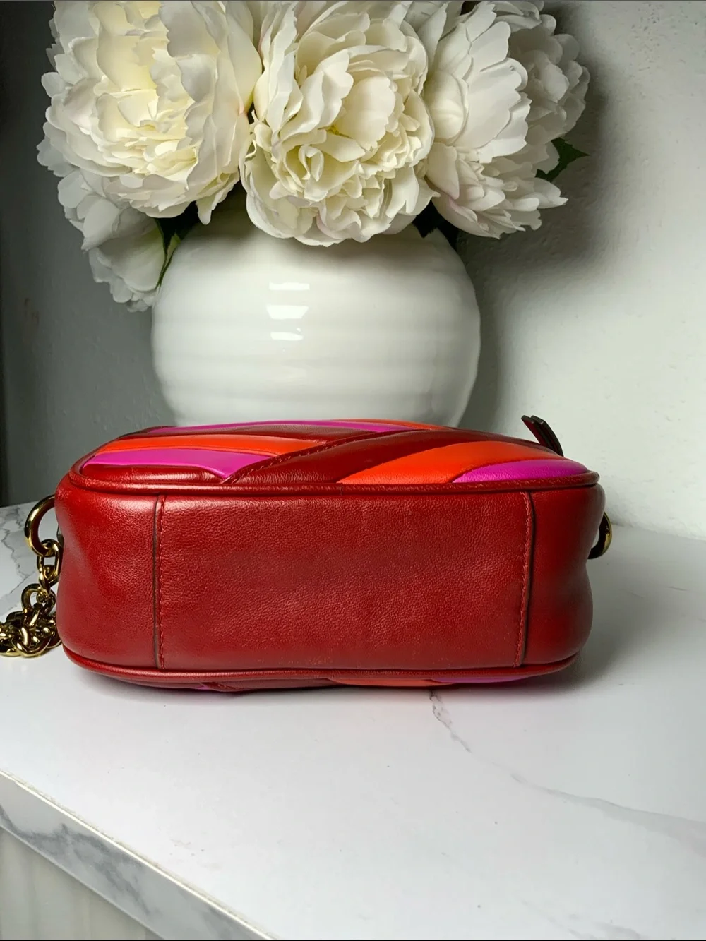 Tory Burch Red, Pink & Orange Quilted Leather Crossbody Camera Bag